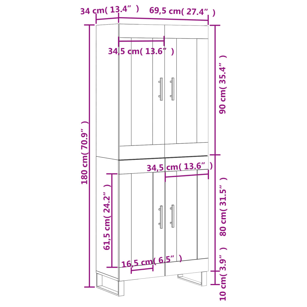 vidaXL Kaappi betoninharmaa 69,5x34x180 cm tekninen puu