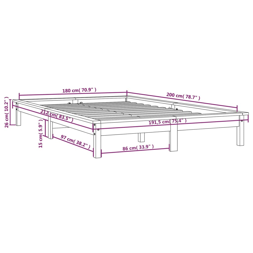 vidaXL Sängynrunko musta 180x200 cm Super King Size täysi mänty