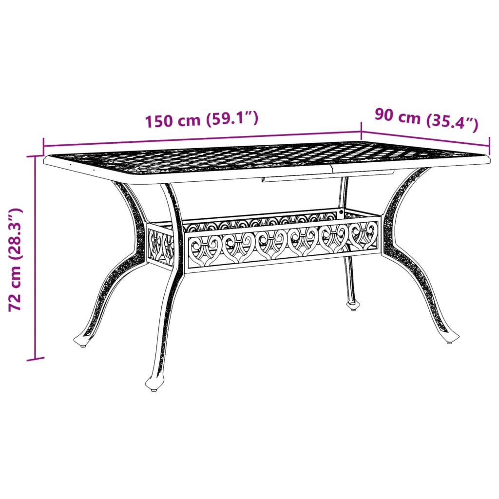 vidaXL Puutarhapöytä pronssi 150x90x72 cm valualumiini