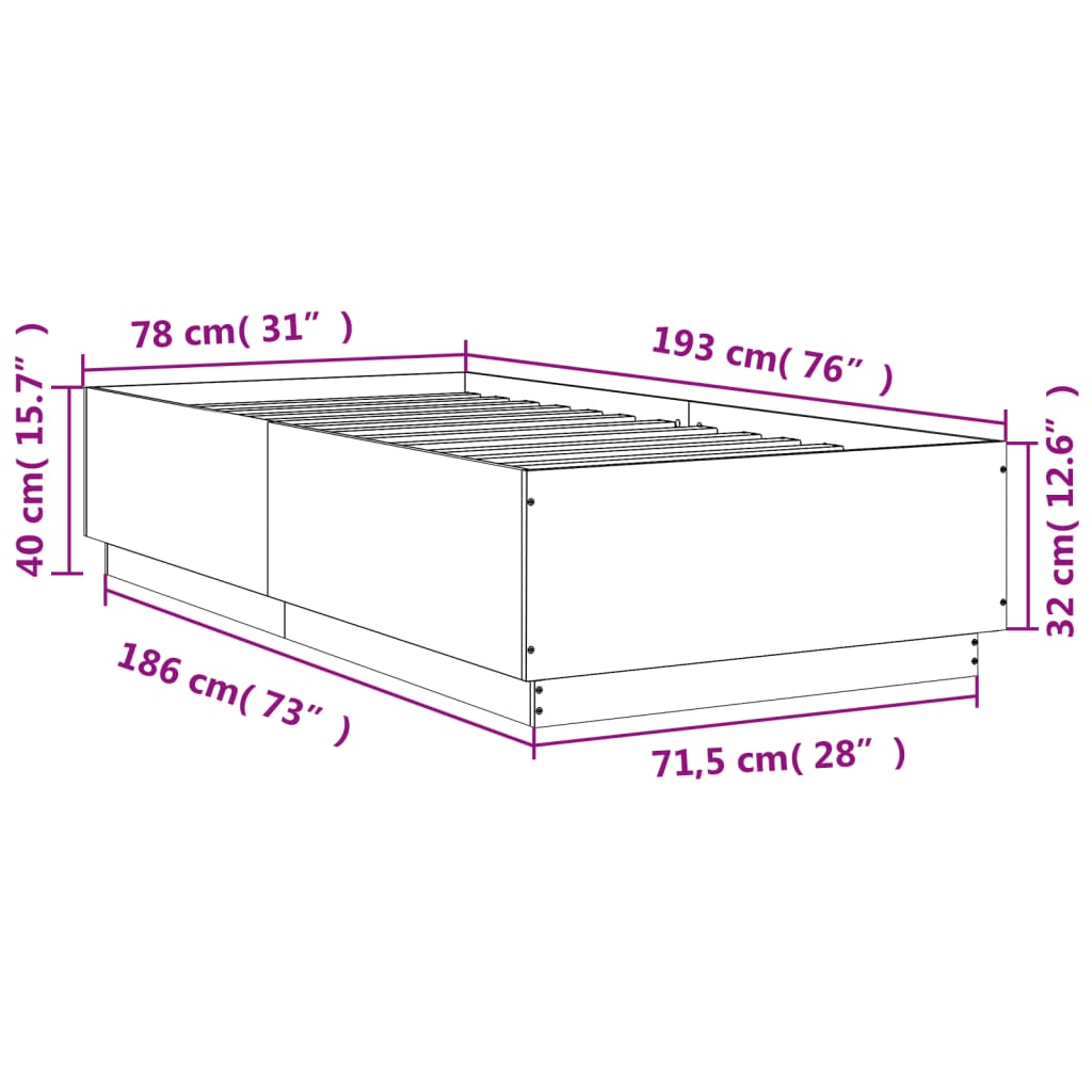 vidaXL Sängynrunko savutammi 75x190 cm tekninen puu