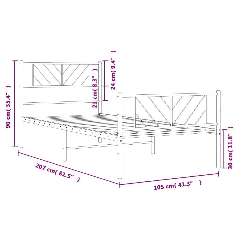 vidaXL Metallinen sängynrunko päädyillä valkoinen 100x200 cm