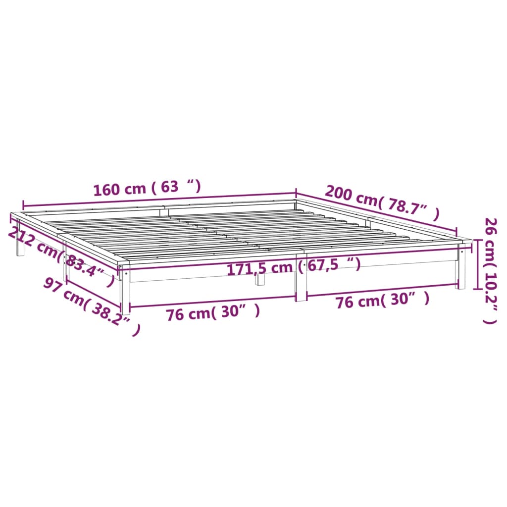 vidaXL Sängynrunko LED-valoilla harmaa 160x200 cm täysi puu