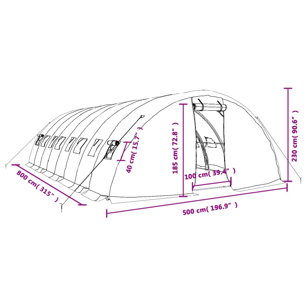 vidaXL Kasvihuone teräsrungolla vihreä 40 m² 8x5x2,3 m