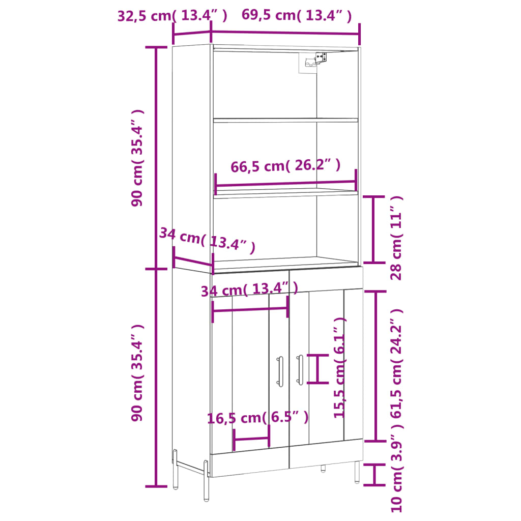 vidaXL Kaappi ruskea tammi 69,5x34x180 cm tekninen puu