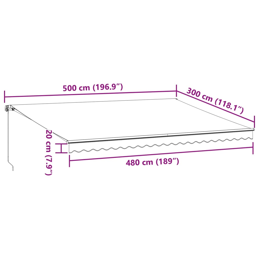 vidaXL Käsin kelattava markiisi LEDillä antrasiitti/valk. 500x300 cm