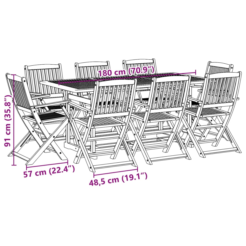 vidaXL 9-osainen Puutarharuokailuryhmä 180x90x75 cm täysi akaasiapuu