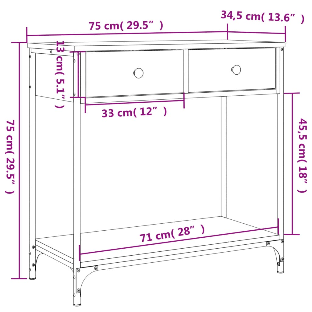 vidaXL Konsolipöytä Sonoma-tammi 75x34,5x75 cm tekninen puu