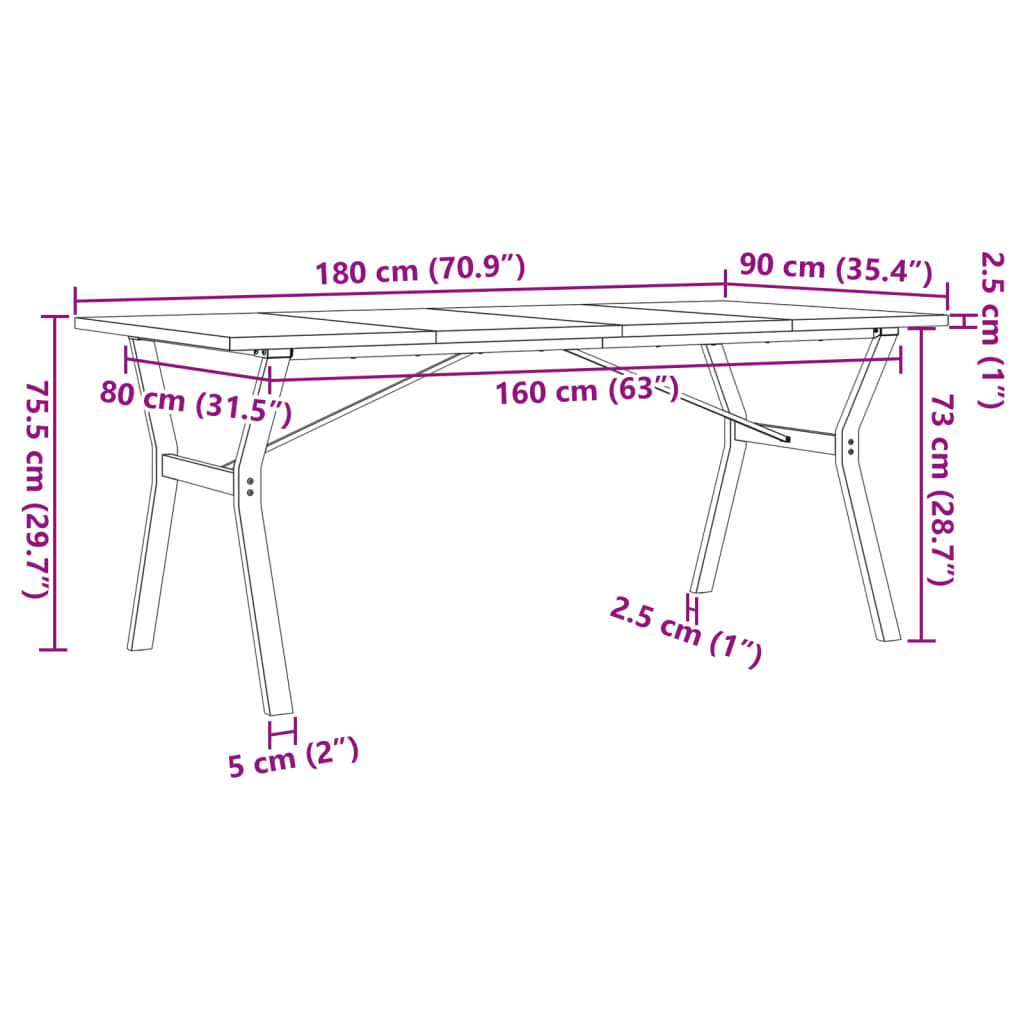 vidaXL Ruokapöytä Y-runko 180x90x75,5 cm täysi mänty ja valurauta