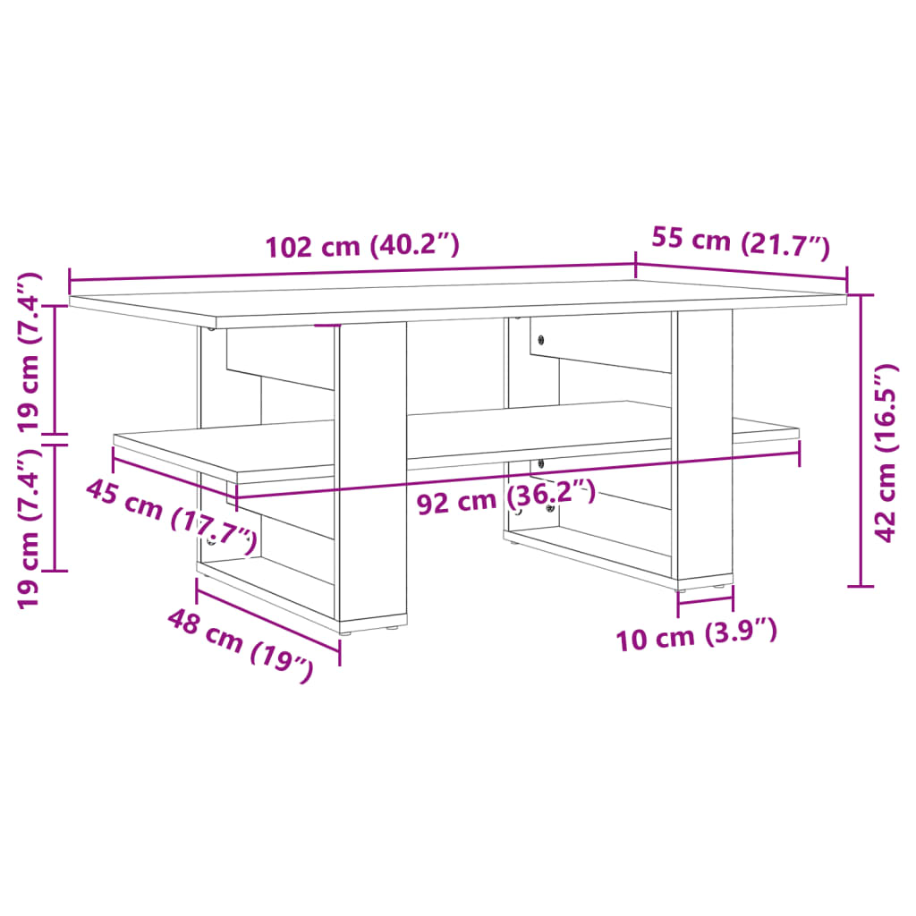 vidaXL Sohvapöytä Sonoma-tammi 102x55x42 cm tekninen puu