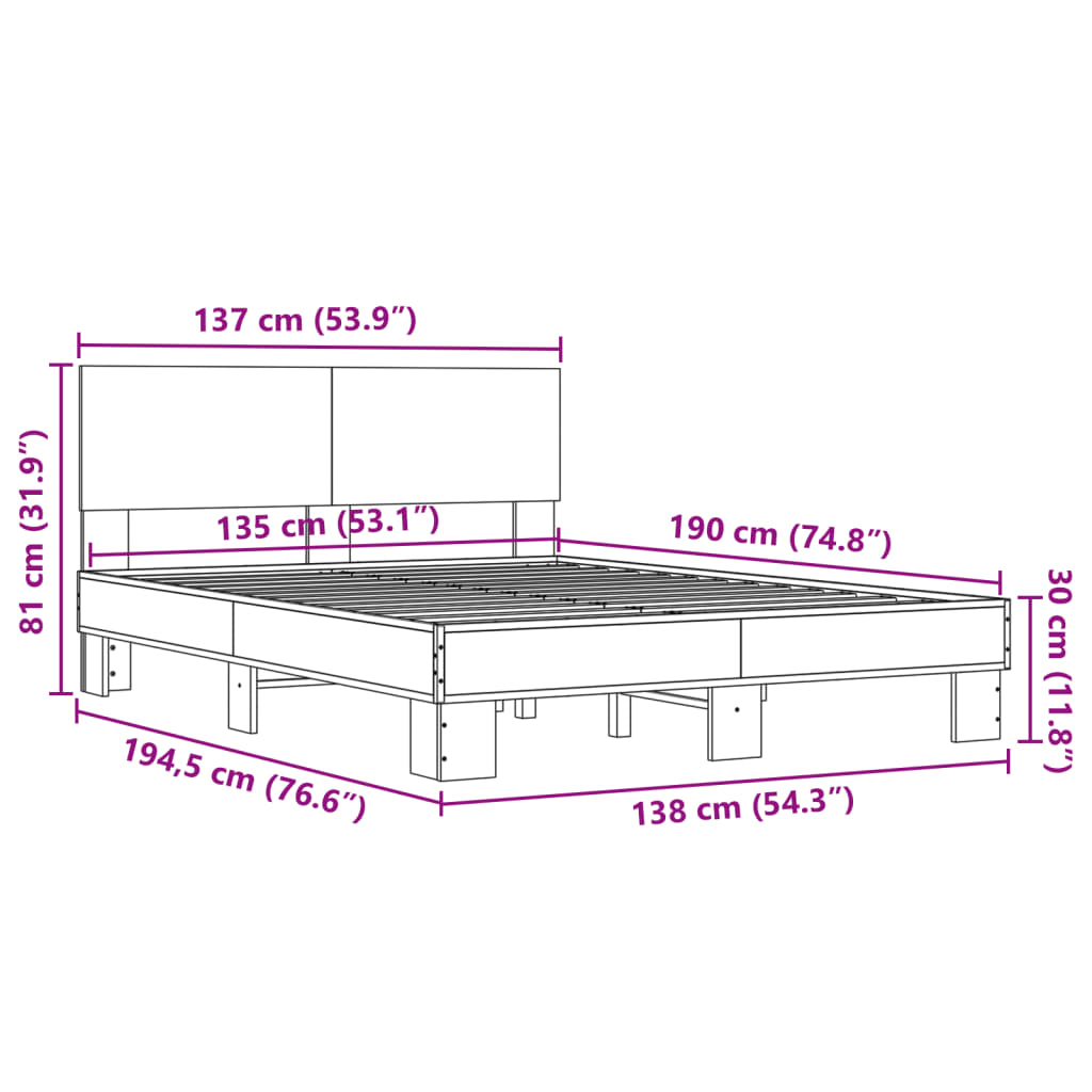 vidaXL Sängynrunko Sonoma-tammi 135x190 cm tekninen puu ja metalli