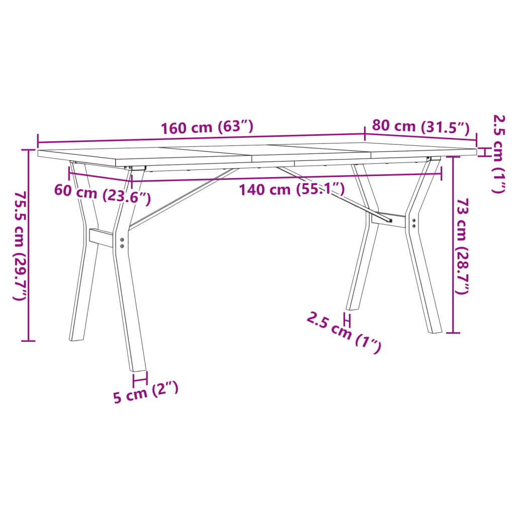 vidaXL Ruokapöytä Y-runko 160x80x75,5 cm täysi mänty ja valurauta