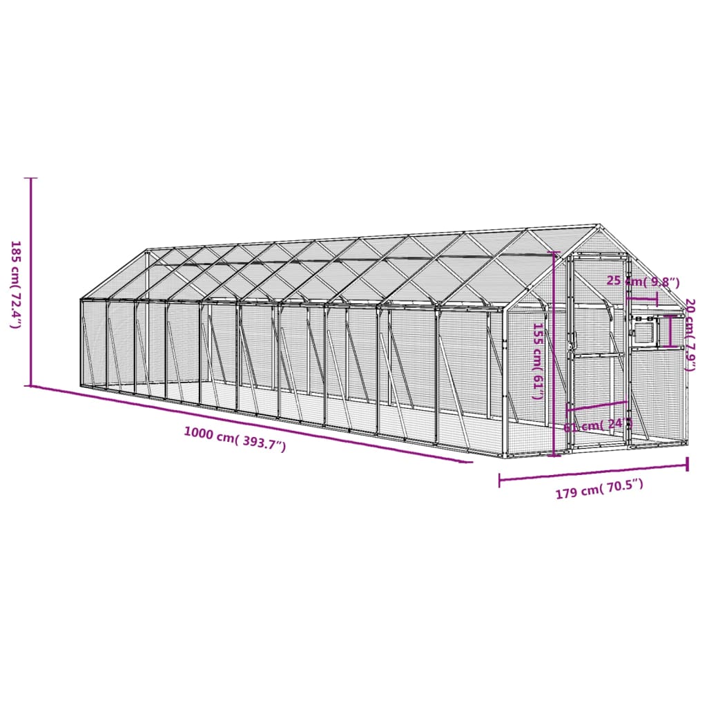 vidaXL Aviaario hopea 1,79x10x1,85 m alumiini