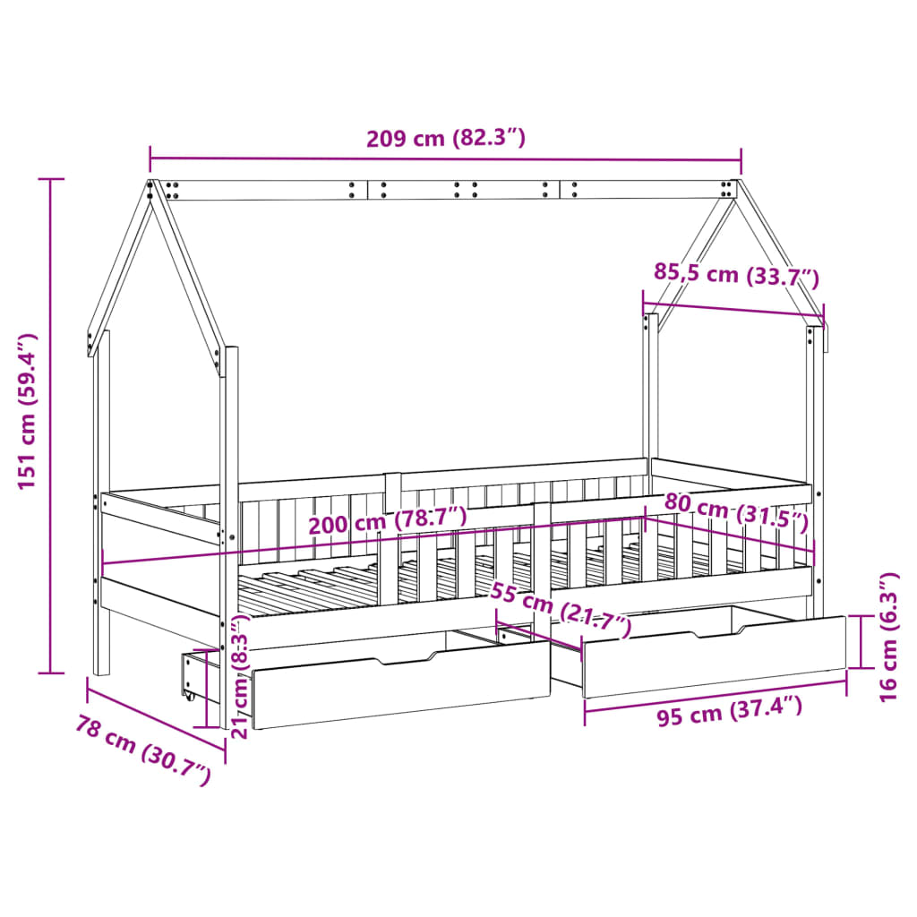 vidaXL Lasten sängynrunko laatikoilla 80x200 cm täysi mänty