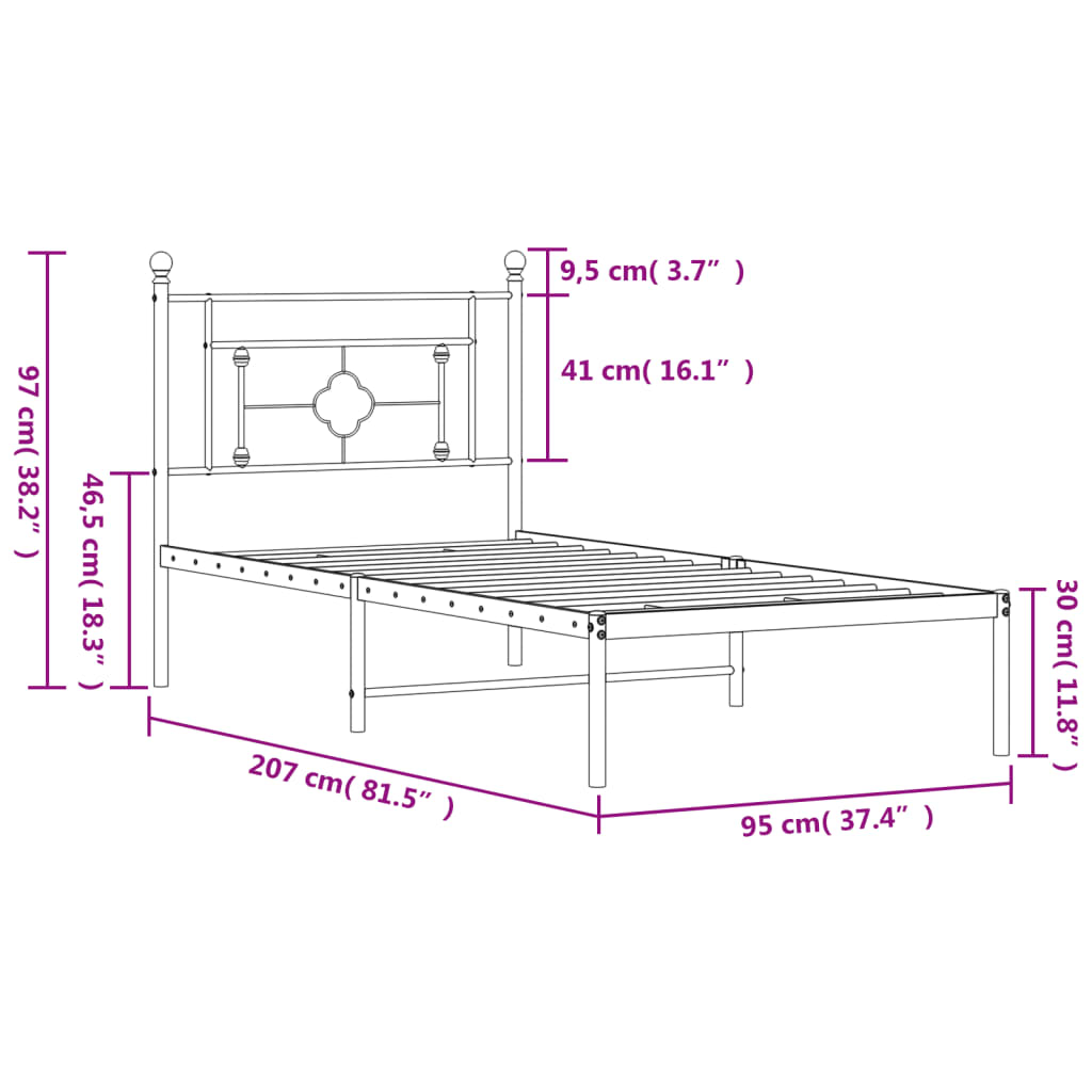 vidaXL Metallinen sängynrunko päädyllä musta 90x200 cm