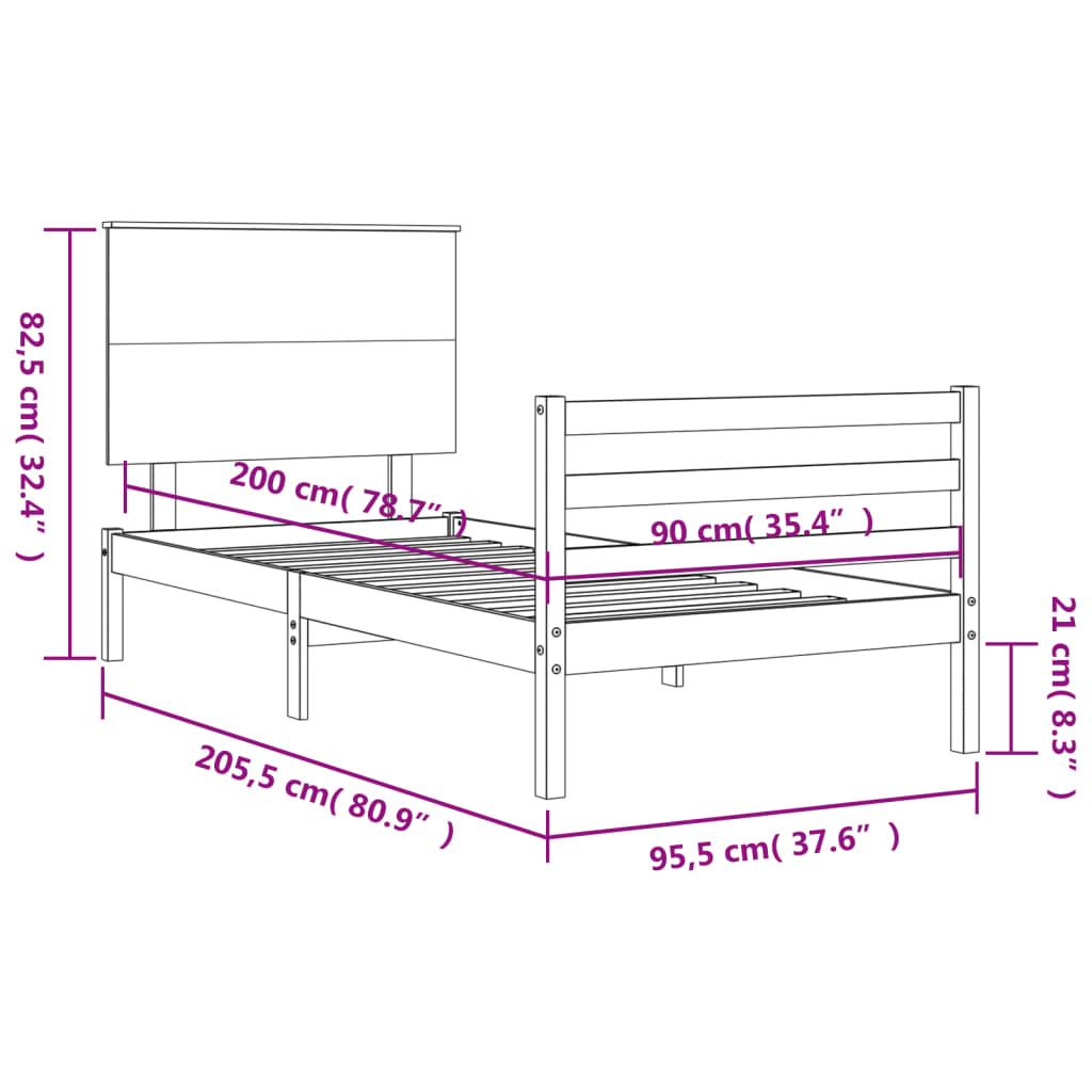 vidaXL Sängynrunko päädyllä musta 90x200 cm täysi puu