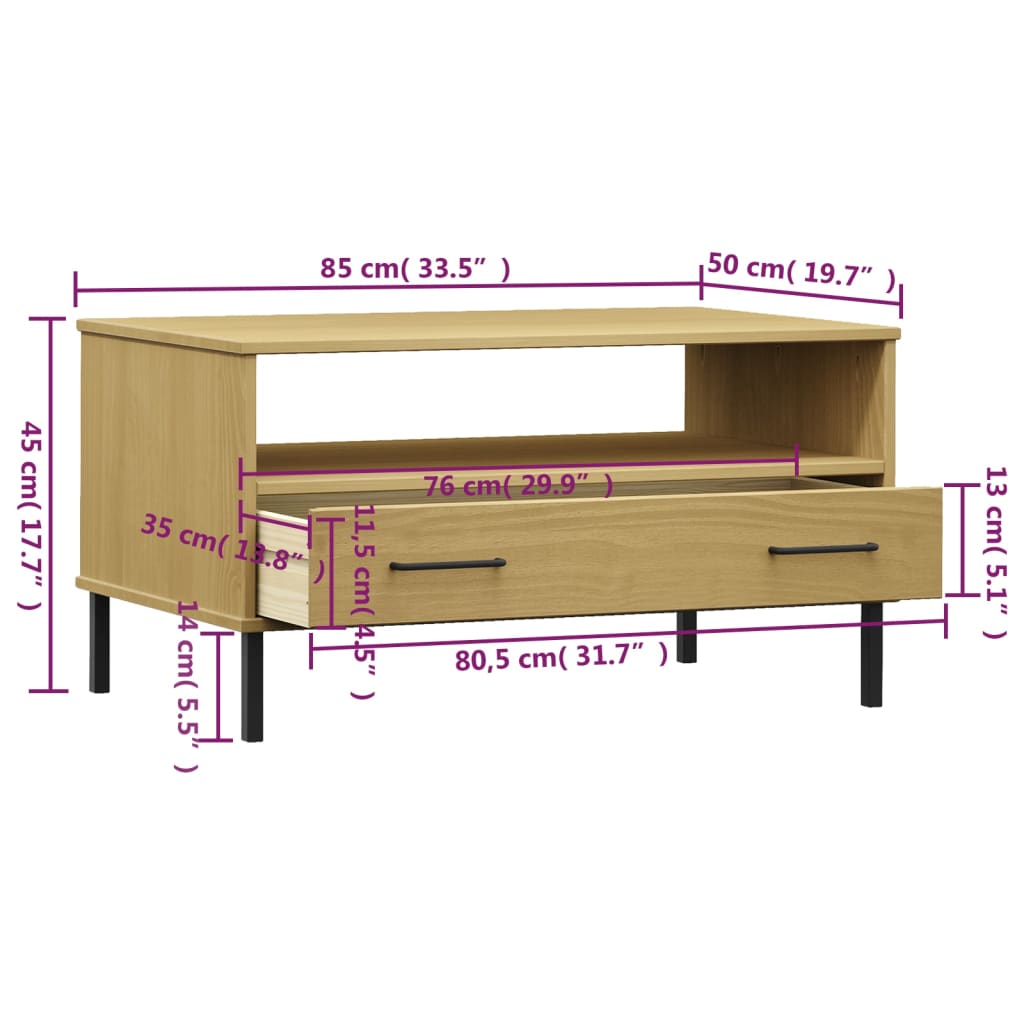 vidaXL Sohvapöytä metallijaloilla ruskea 85x50x45 cm täyspuu OSLO