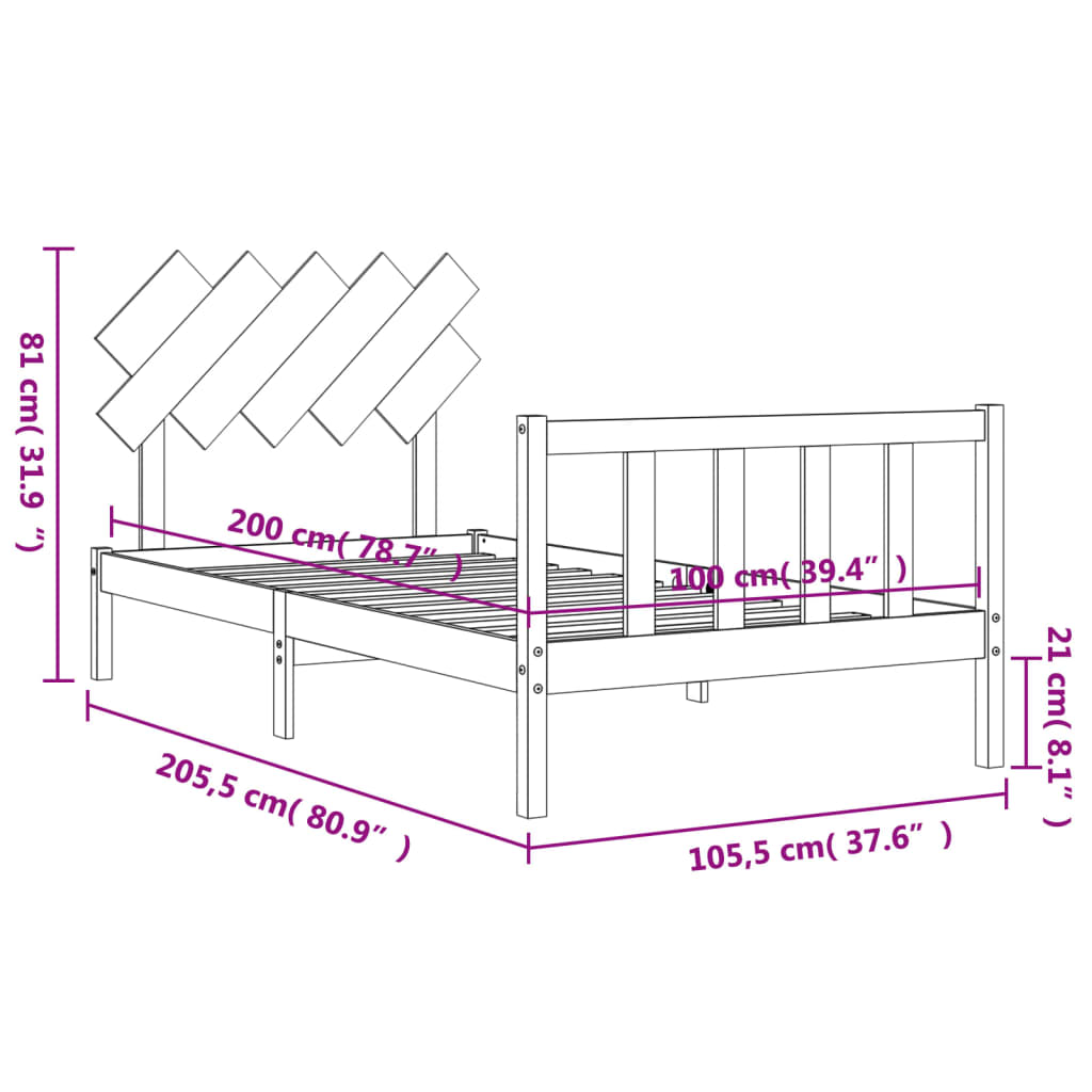 vidaXL Sängynrunko päädyllä musta 100x200 cm täysi puu