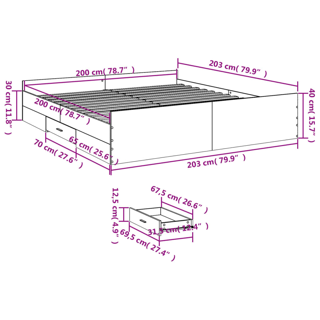 vidaXL Sängynrunko laatikoilla betoninharmaa 200x200 cm tekninen puu