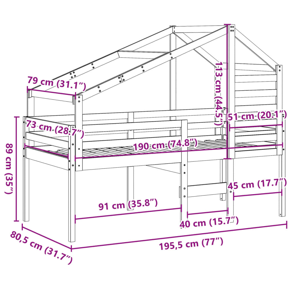 vidaXL Korotettu sänky katolla vahanruskea 75x190 cm täysi mänty