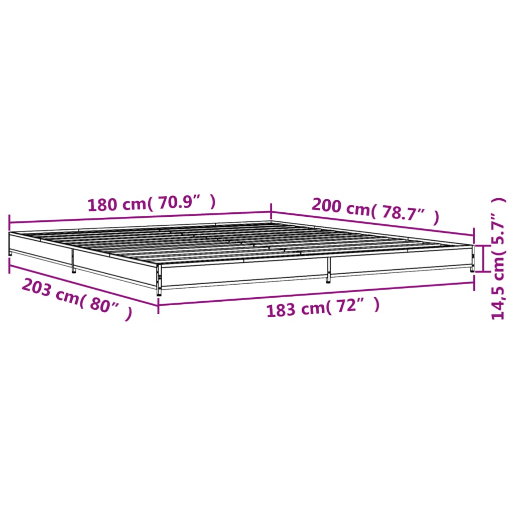 vidaXL Sängynrunko ruskea tammi 180x200 cm tekninen puu ja metalli