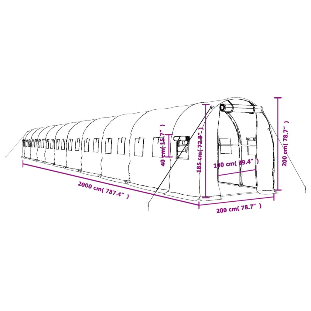 vidaXL Kasvihuone teräsrungolla vihreä 40 m² 20x2x2 m