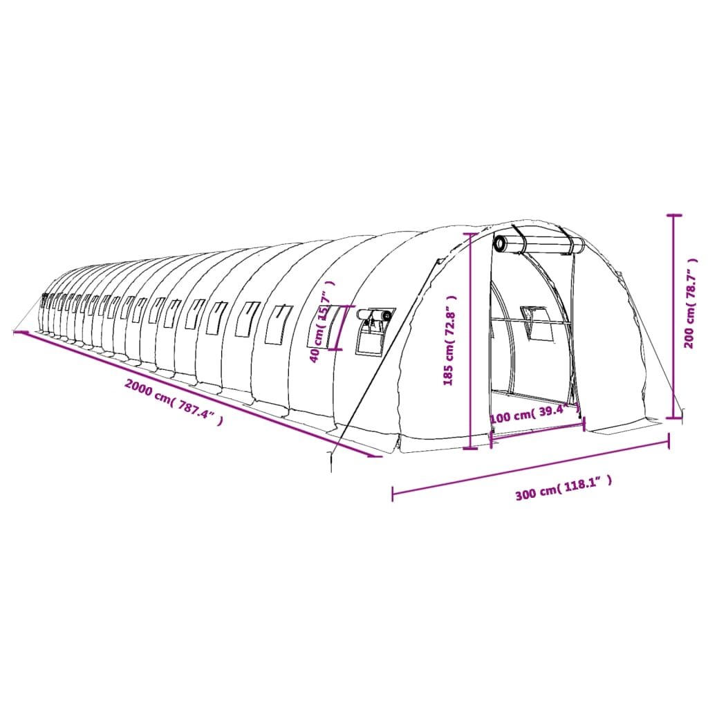 vidaXL Kasvihuone teräsrungolla valkoinen 60 m² 20x3x2 m