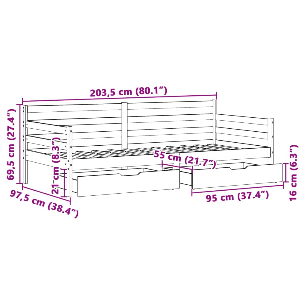 vidaXL Vuodesohva laatikoilla 90x200 cm täysi mänty