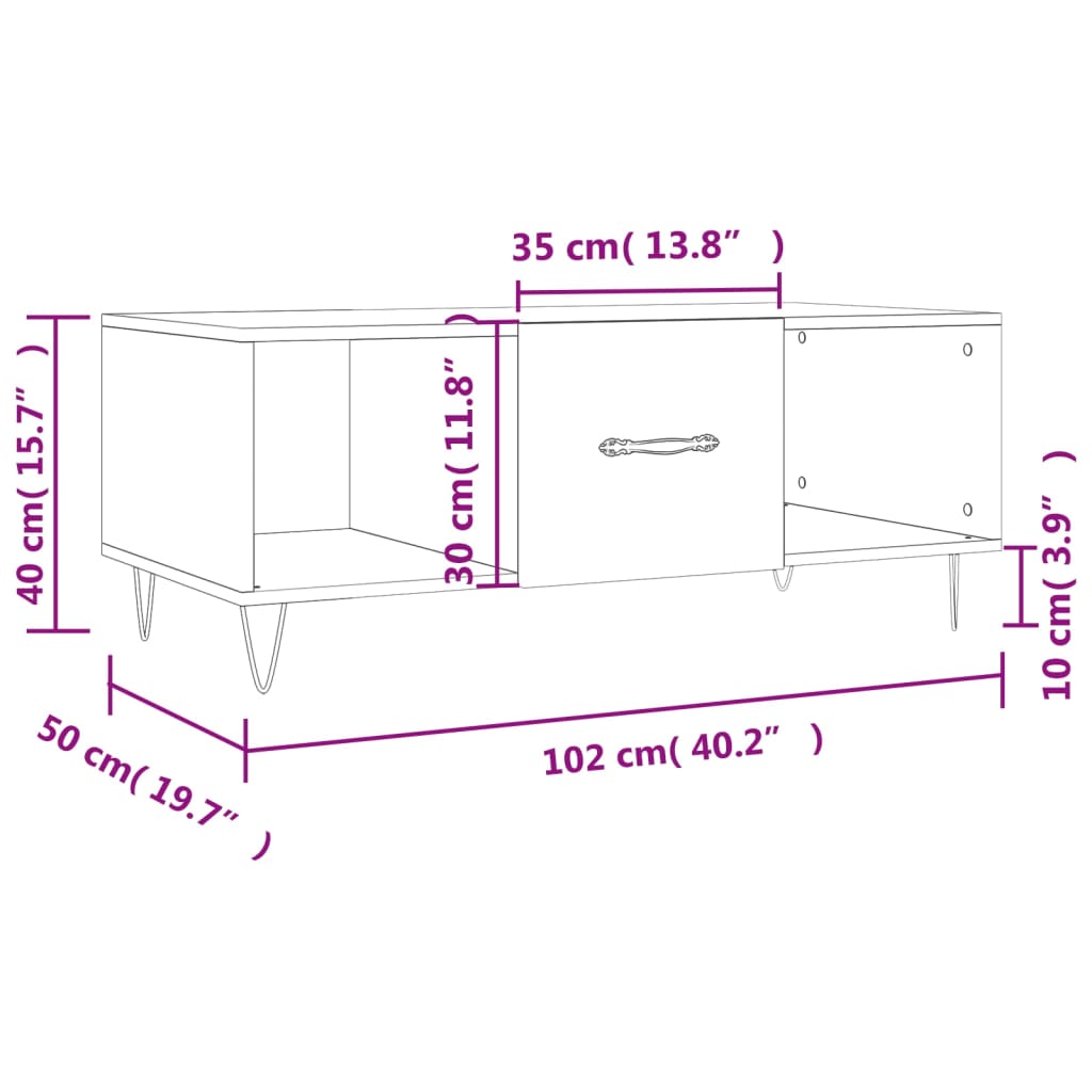 vidaXL Sohvapöytä savutammi 102x50x40 cm tekninen puu