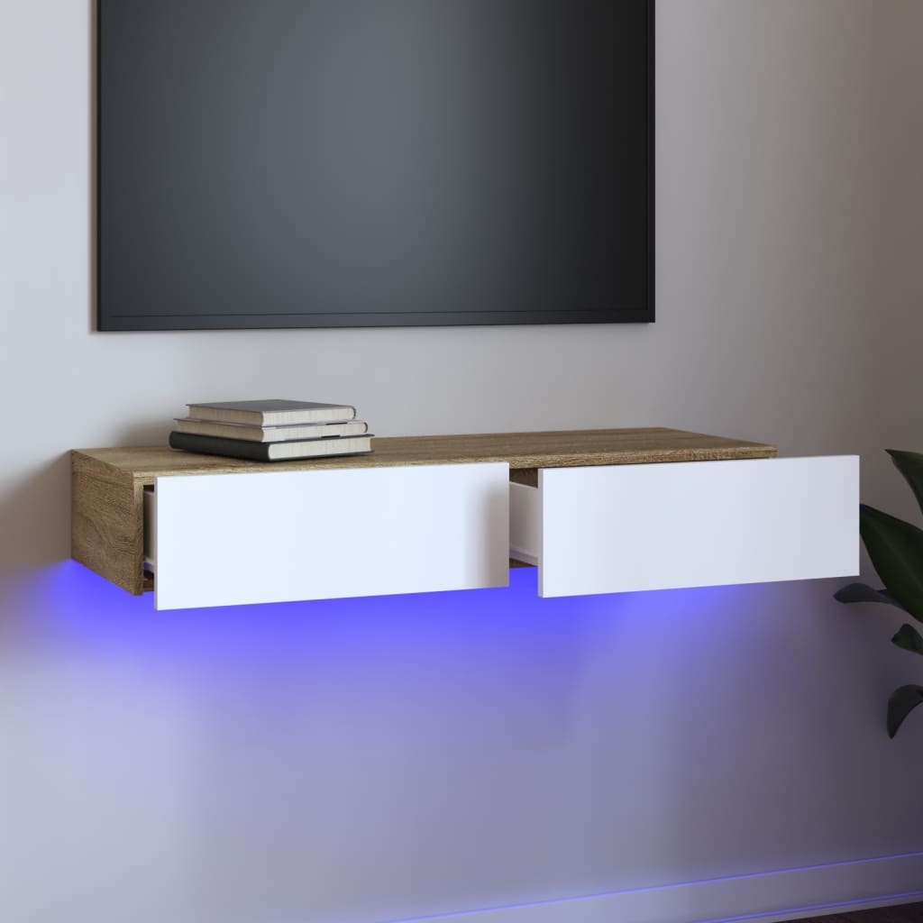vidaXL TV-taso LED-valoilla valkoinen ja Sonoma-tammi 90x35x15,5 cm