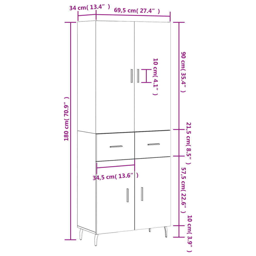 vidaXL Kaappi musta 69,5x34x180 cm tekninen puu