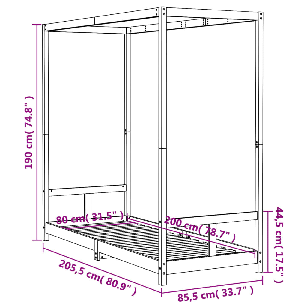 vidaXL Lasten sängynrunko musta 80x200 cm täysi mänty