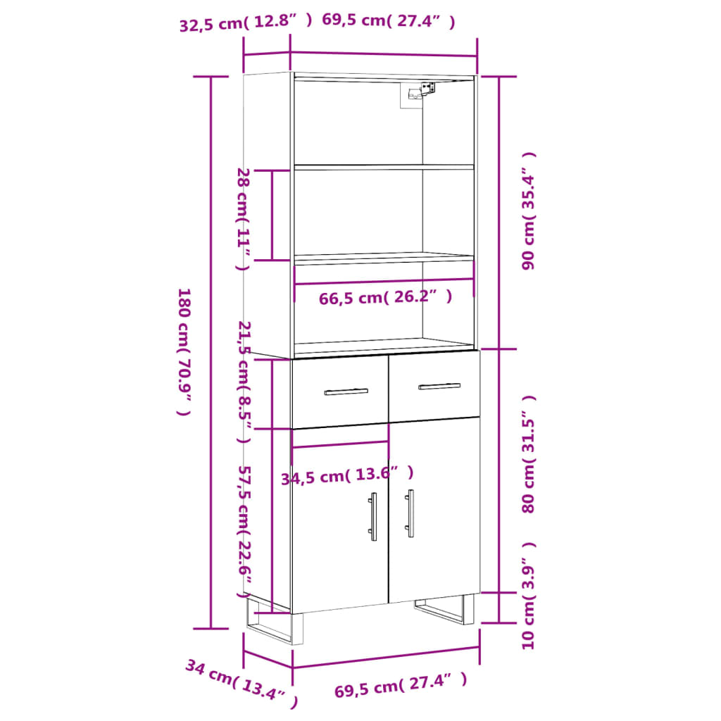 vidaXL Kaappi harmaa Sonoma 69,5x34x180 cm tekninen puu