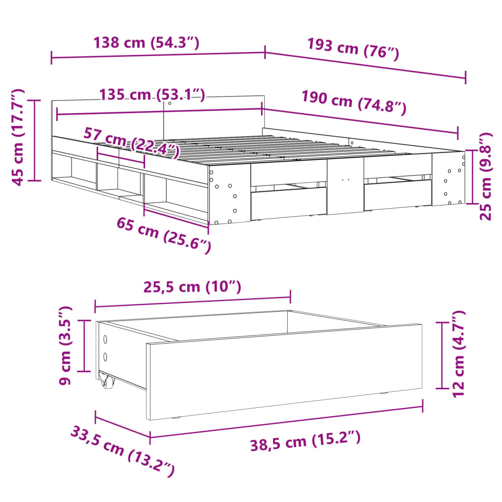 vidaXL Sängynrunko laatikoilla musta 135x190 cm tekninen puu