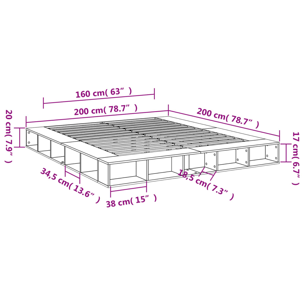 vidaXL Sängynrunko harmaa Sonoma 200x200 cm tekninen puu