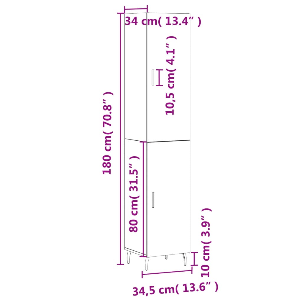 vidaXL Kaappi betoninharmaa 34,5x34x180 cm tekninen puu