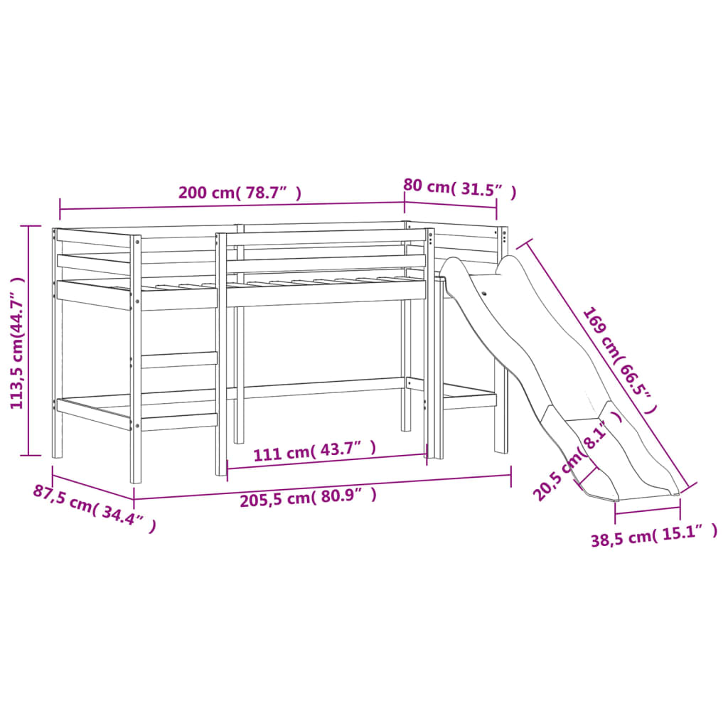 vidaXL Lasten parvisänky tornilla pinkki 80x200 cm täysi mänty