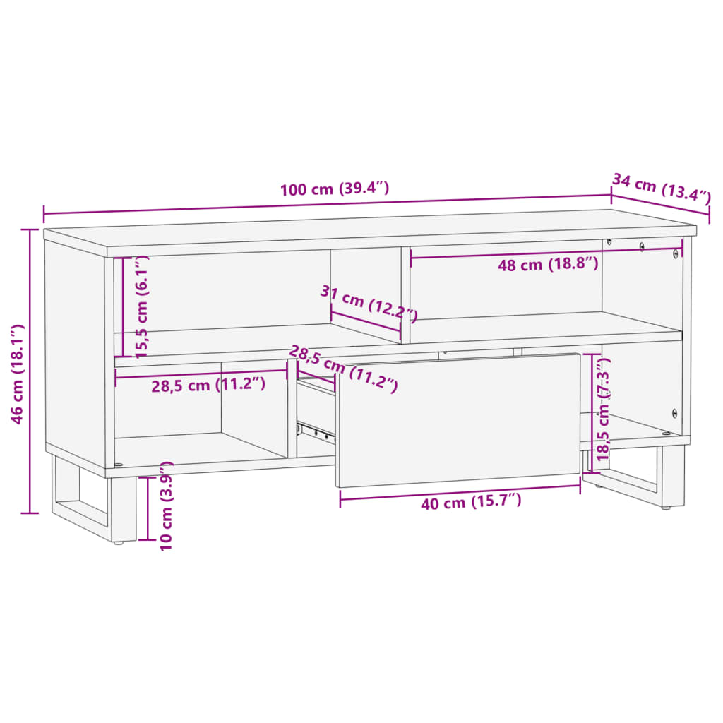 vidaXL TV-taso ruskea 100x34x46 cm täysi mangopuu