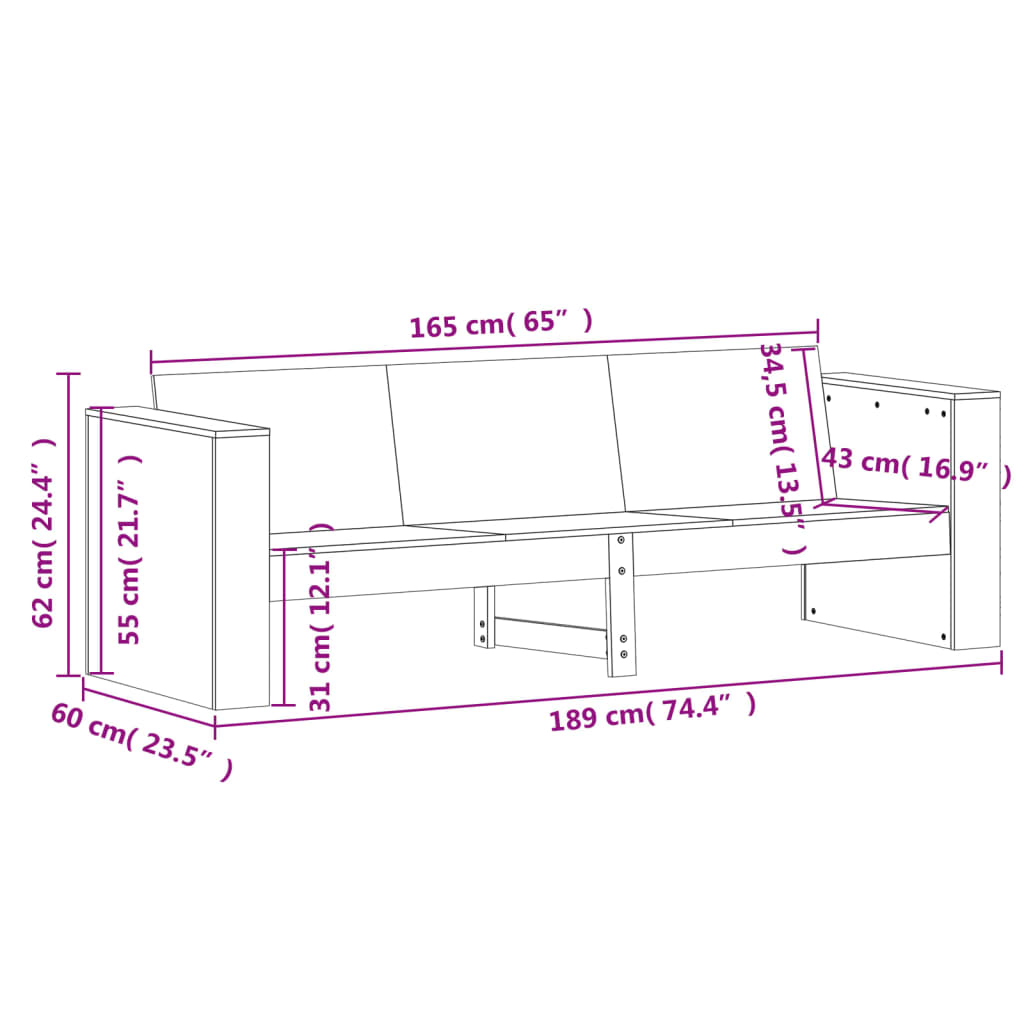 vidaXL Puutarhasohva 3-istuttava vahanruskea 189x60x62 cm täysi mänty