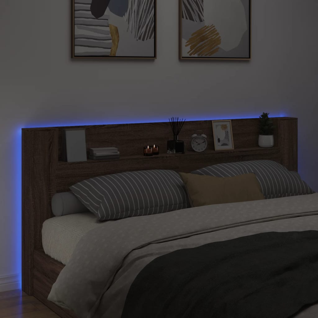 vidaXL Sängynpäätykaappi LED-valoilla ruskea tammi 220x16,5x103,5 cm