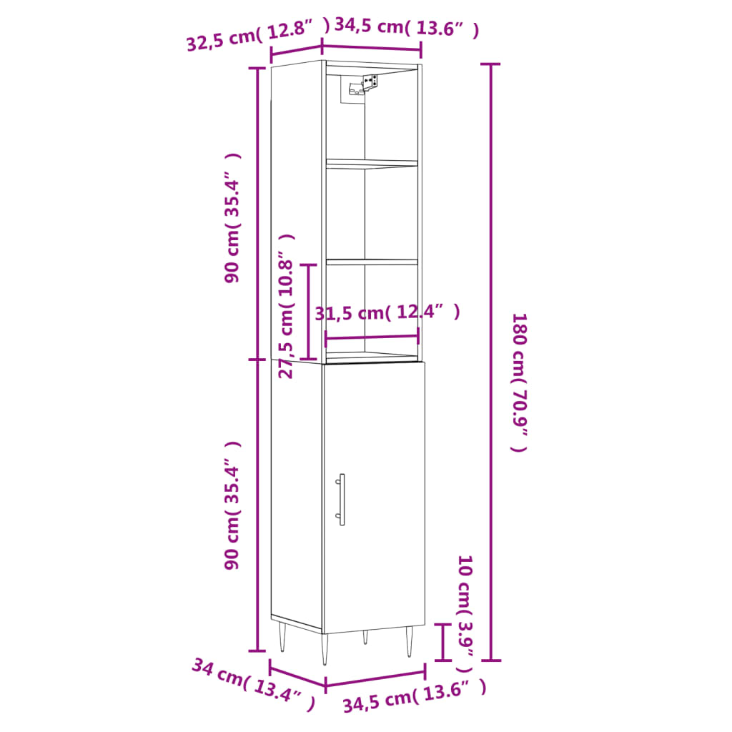 vidaXL Kaappi Sonoma-tammi 34,5x34x180 cm tekninen puu