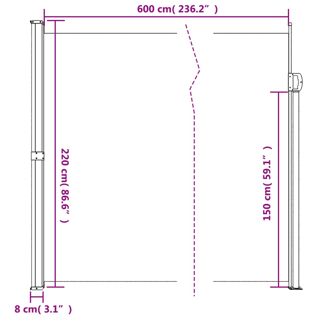 vidaXL Sisäänvedettävä sivumarkiisi punainen 220x600 cm