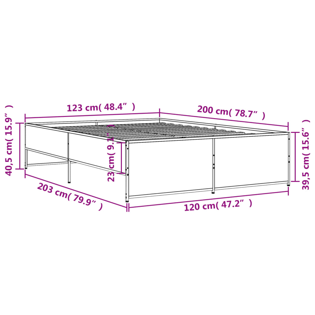 vidaXL Sängynrunko harmaa Sonoma 120x200 cm tekninen puu ja metalli