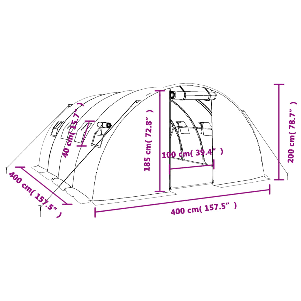 vidaXL Kasvihuone teräsrungolla valkoinen 16 m² 4x4x2 m