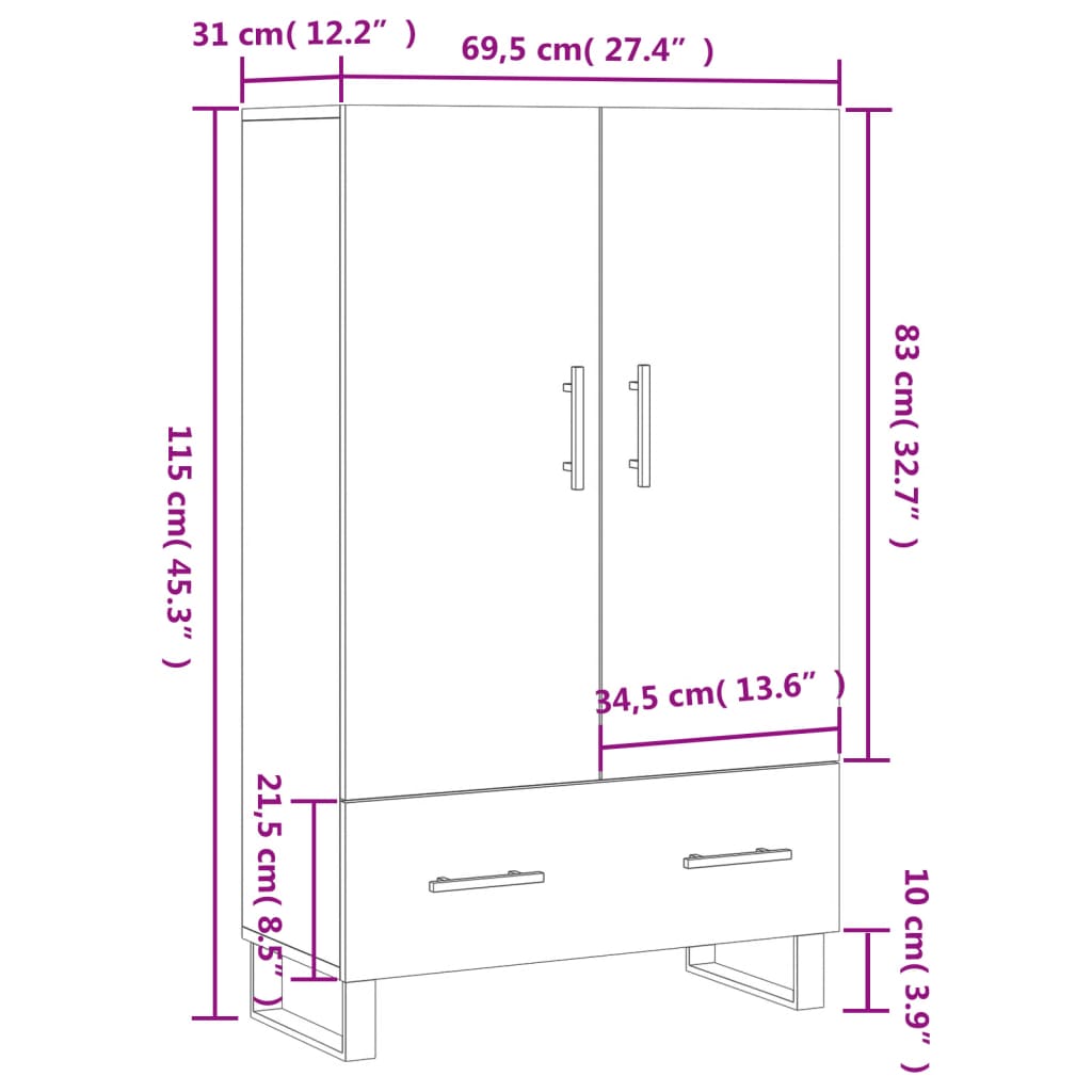 vidaXL Kaappi harmaa Sonoma 69,5x31x115 cm tekninen puu