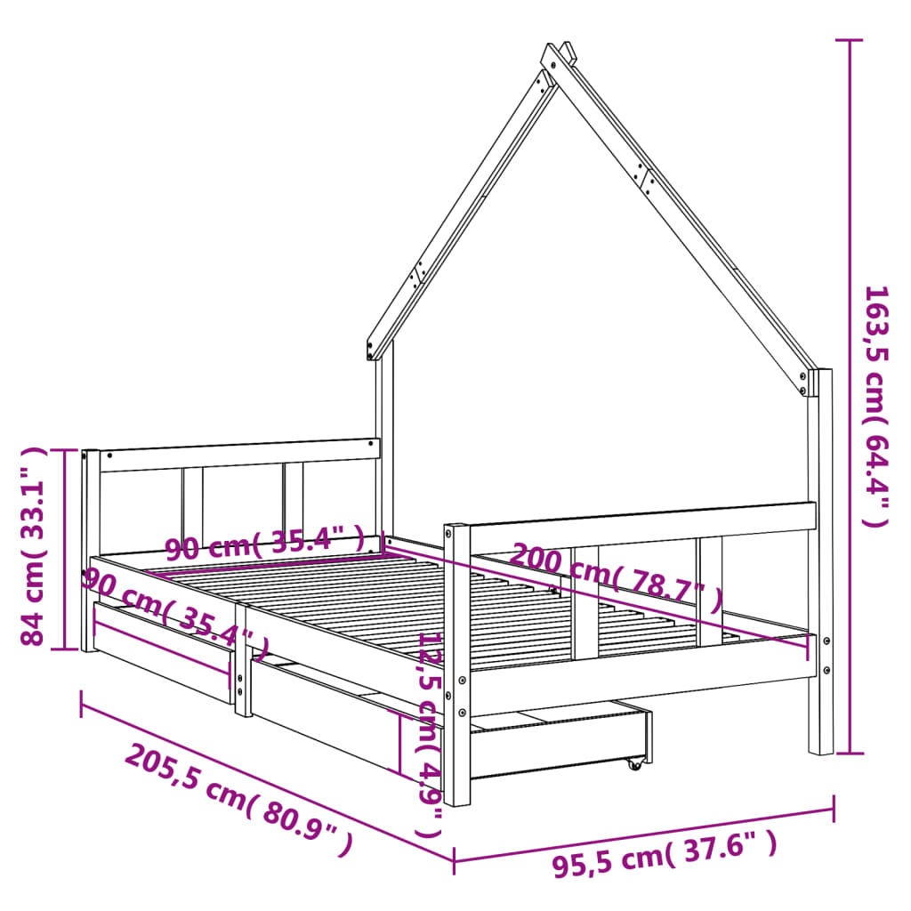 vidaXL Lasten sängynrunko valkoinen 90x200 cm täysi mänty