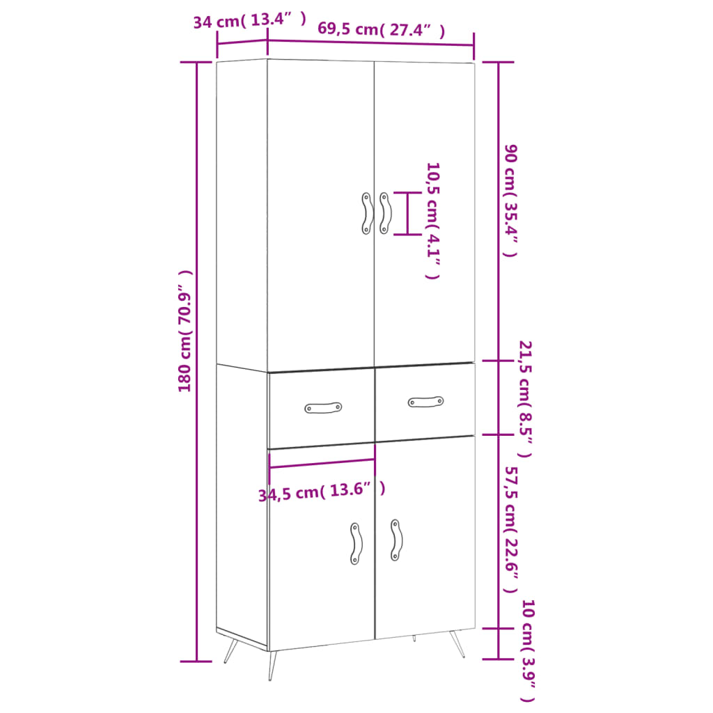 vidaXL Kaappi betoninharmaa 69,5x34x180 cm tekninen puu