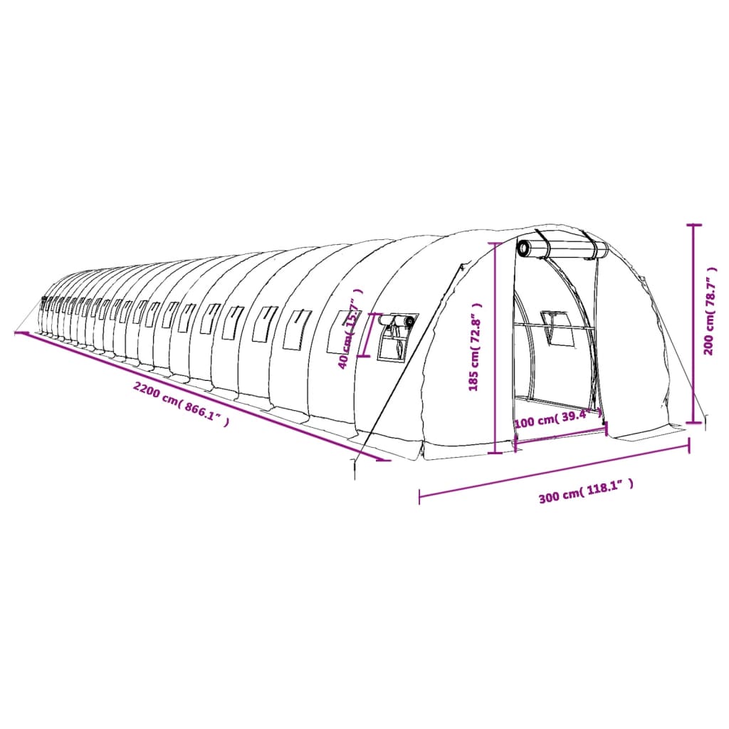 vidaXL Kasvihuone teräsrungolla valkoinen 66 m² 22x3x2 m