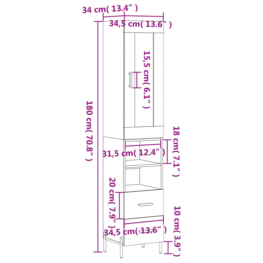 vidaXL Kaappi harmaa Sonoma 34,5x34x180 cm tekninen puu