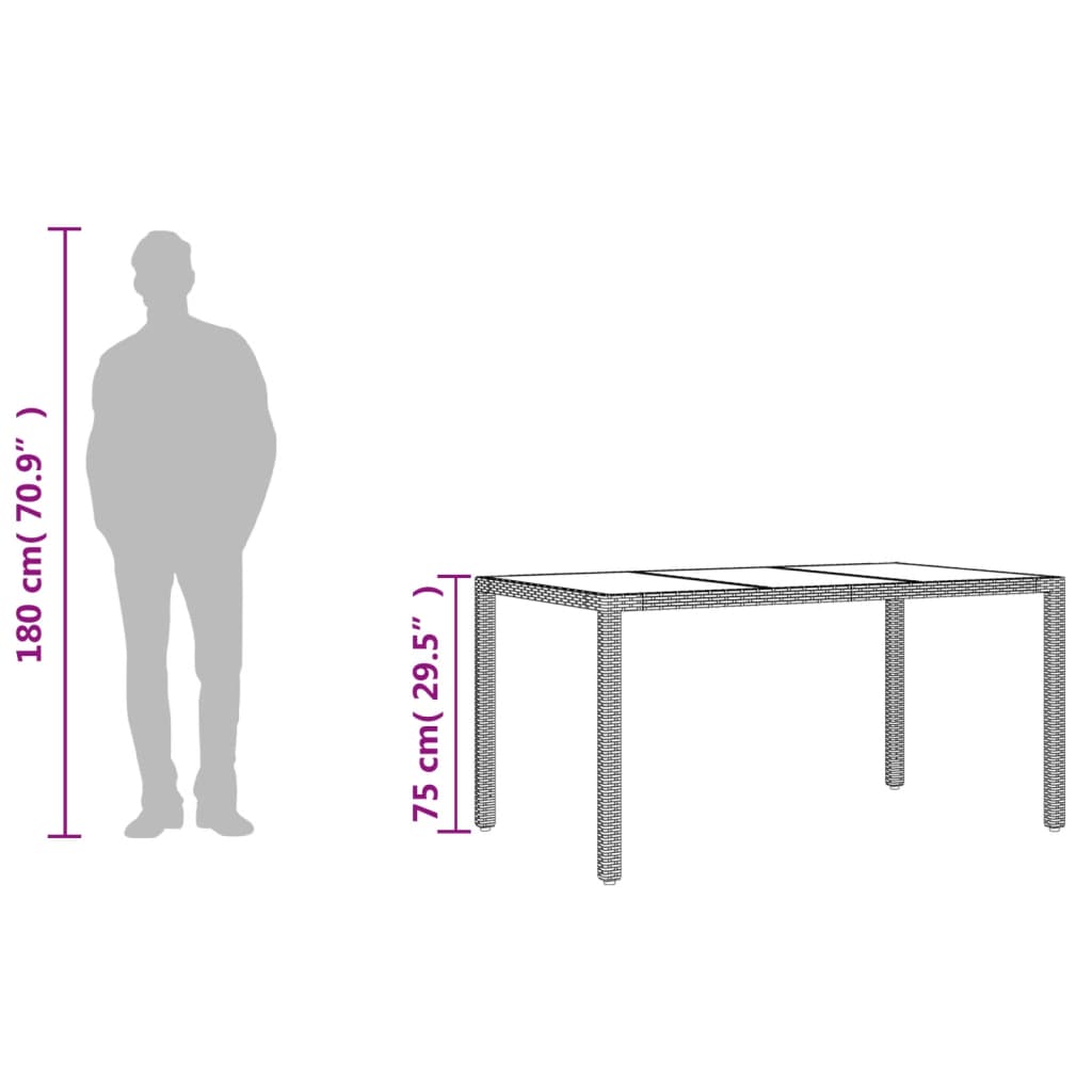 vidaXL Puutarhapöytä lasipöytälevy harmaa 150x90x75 cm polyrottinki