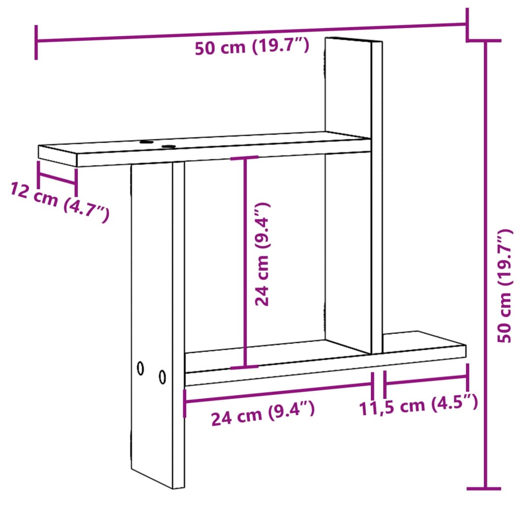 vidaXL Seinähyllyt 2 kpl ruskea tammi 50x12x50 cm tekninen puu